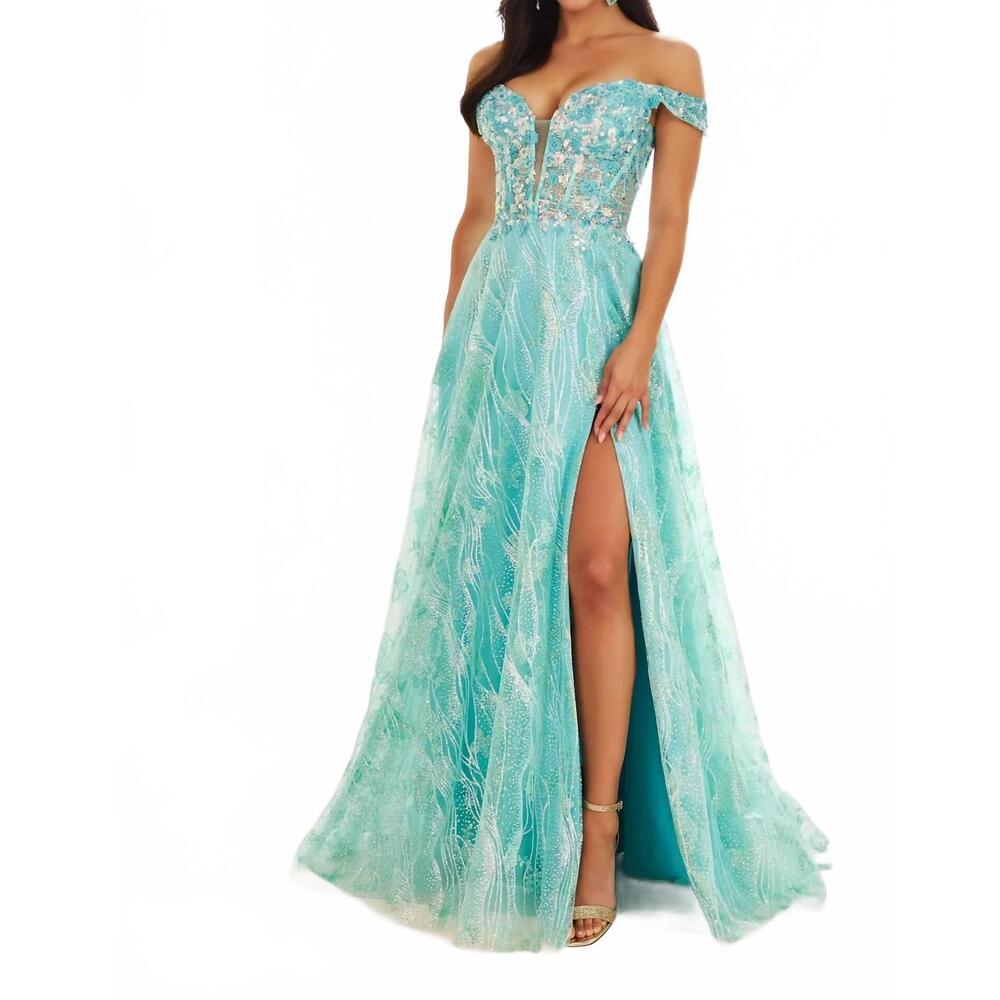 NEW ELLIE WILDE high slit prom dress in caribbean mist